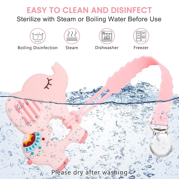 Teething Toys for Babies 0-6 6-12 Months Baby Teethers with Clip Silicone Baby Teether Toys for Boys and Girls Infant Teething Relief for Teething Elephant Shape, Pink