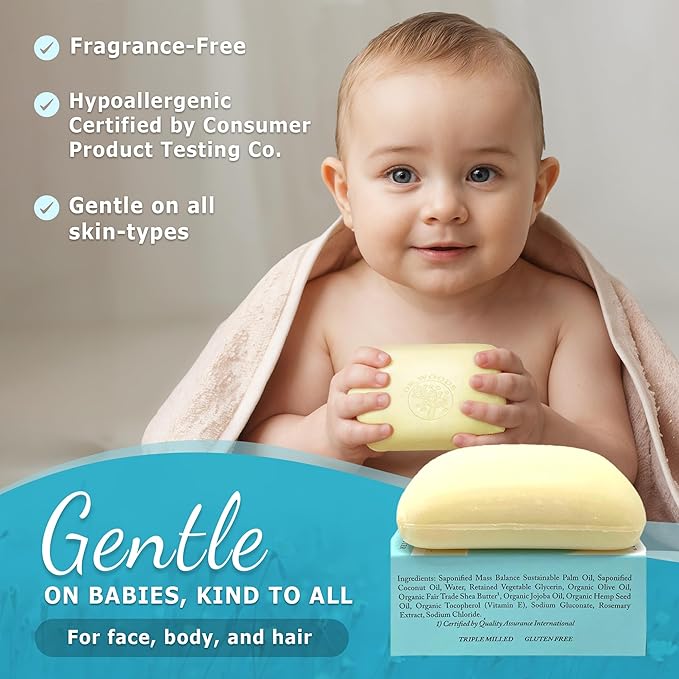 Dr. Woods Unscented Baby Mild Bar Soap with Organic Shea Butter - Made with Natural Oils, Fragrance Free Castile Bar Soap for Sensitive Skin - 5.25 Oz Bar (Pack of 3)
