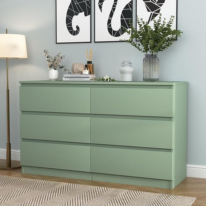 Green Dresser for Bedroom, Modern Large 6 Drawer Dresser with Deep Drawer,Wide Storage Chest of Drawers,TV Stand for Living Room