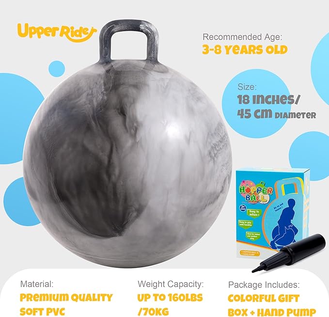 Upper Rider Clouds Hopper Ball for Kids,18 Inch Bouncy Ball with Handle,Inflatable Hopping Toys for Boys Girls Aged 3-8, Indoor Outdoor Jumping Toys Gift with Pump