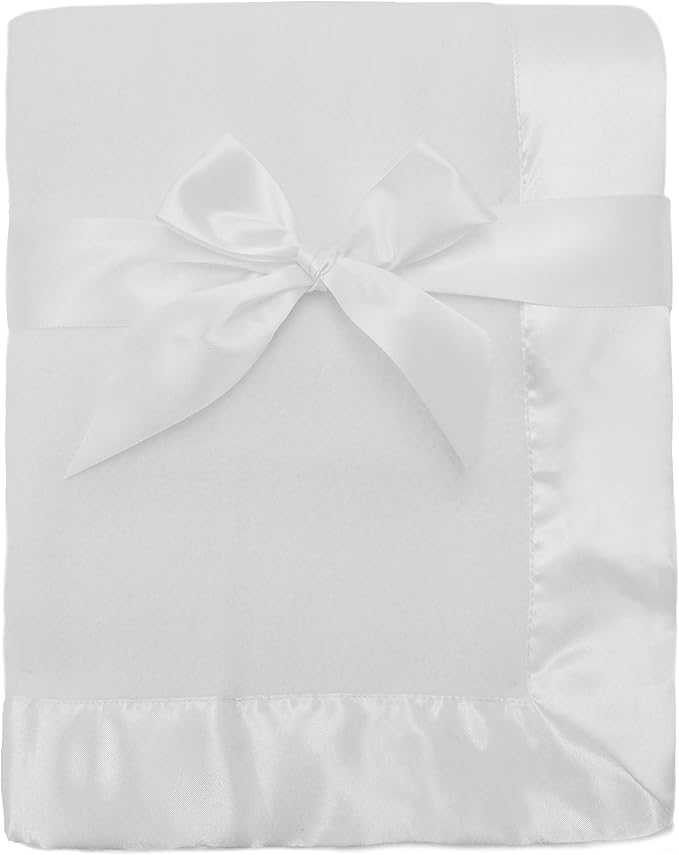 American Baby Company Fleece Blanket (30" x 40") with Silk-Like Satin Trim, Soft, Warm & Cozy, White, for Boys and Girls, Perfect for Baby Carrier, Stroller, Travel and Gifting