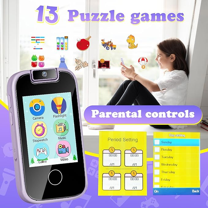 PTHTECHUS Kids Phone Toys for Girls Boys - Toddler Touchscreen MP3 Music Player with Dual Camera, Habit Tracker, Games, Alphabet, Educational Learning Toys Birthday Easter Gifts for 3-7 with SD Card