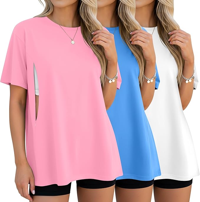 3 Pack Women's Oversize Nursing Breastfeeding Shirts Hidden Zipper Short Sleeve Loose Fit Maternity Tops