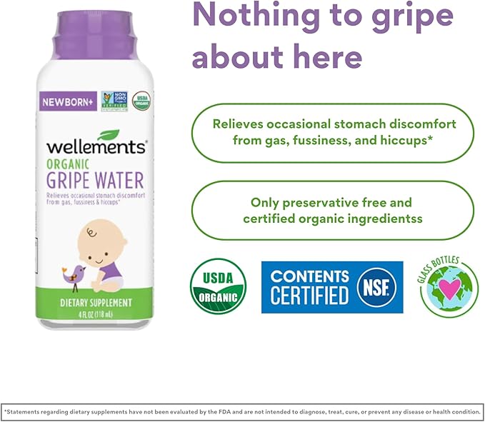 Wellements Gripe Water 4 Fl Oz (Pack of 2) Relieves Occasional Stomach Discomfort from Gas, Fussiness & Hiccups, USDA Certified Organic, Gluten Free & Non GMO, Ages Newborn+