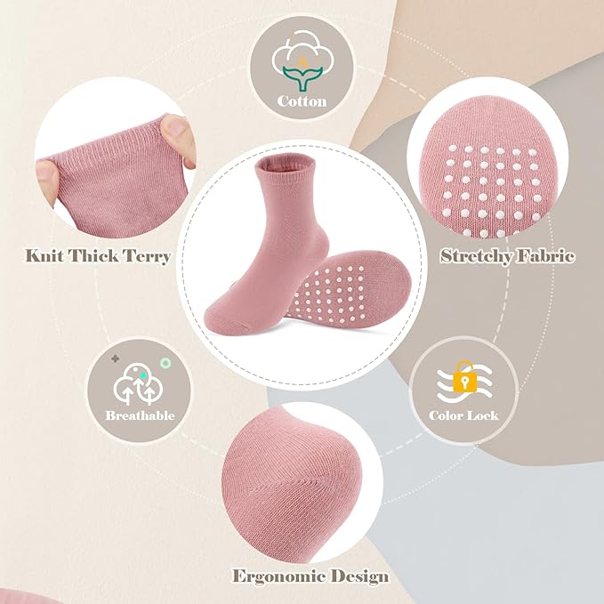 JAKIDAR 12 Pack Baby Toddler Socks Non Slip Grip Cotton Crew Socks for Boys Girls Infants Kids