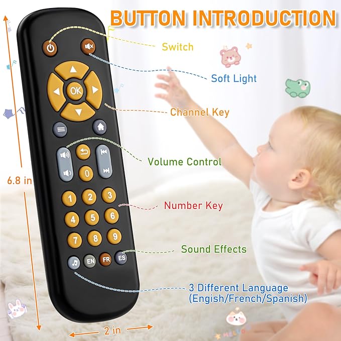 Baby TV Remote Control Toy 6 Month+, Toddler Realistic Remote Toy with Sound and Light, Early Educational Music Toys with 3 Languages English French Spanish for Infant Boys Girls 6 12 18 months