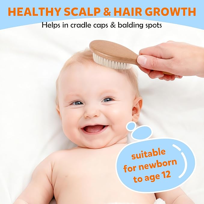 Baby Hair Brush & Comb Set, Organic Wooden Hairbrush Natural Goat Bristles 3-Piece for Newborns & Toddlers, Ideal for Cradle Cap & Itching, Perfect Shower and Registry Gift for Infant, Toddler, Kids