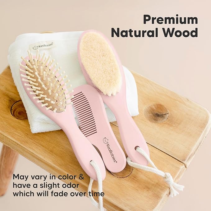 Baby Hair Brush Set for Newborns - Soft Goat Bristle Wooden Baby Brush and Comb Set Newborn Grooming Kit for Cradle Cap, Durable & Gentle, Boy, Girl Infant Essentials Care Kit (Oval, Blush)