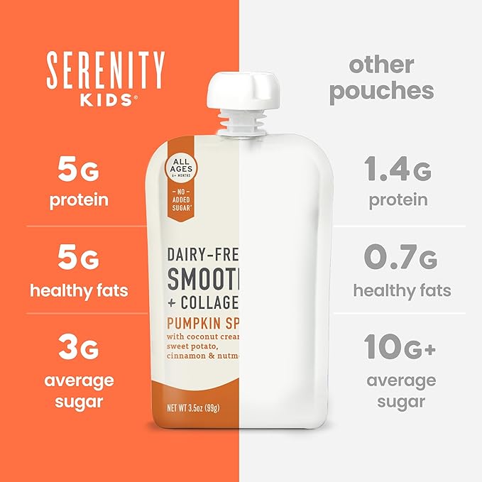 Serenity Kids 6+ Months Dairy-Free Smoothie Baby Food | USDA Organic | Grass Fed Collagen Protein | 3.5 Ounce BPA-Free Pouch | Pumpkin Spice | 1 Count