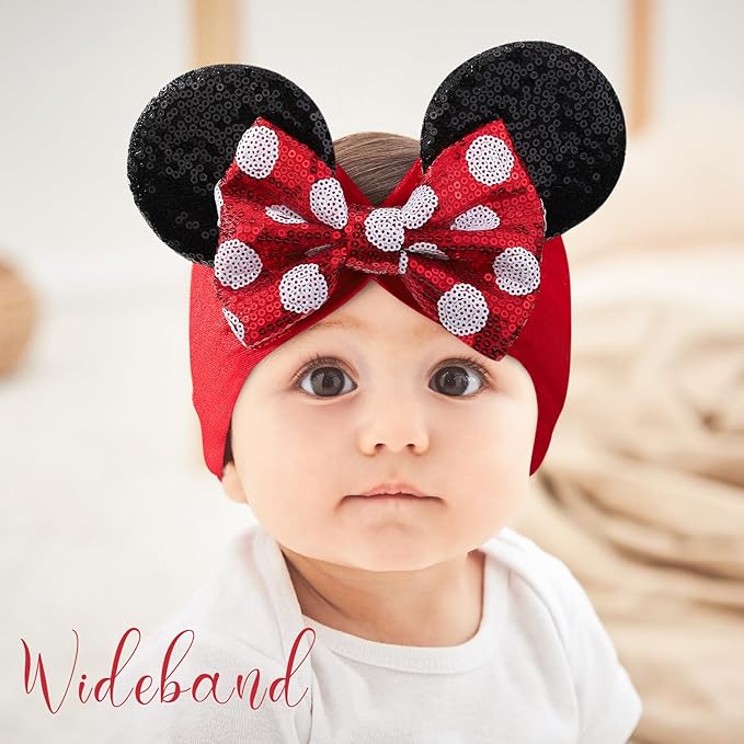 choicbaby Baby Girl Headbands Mouse Ears Headwrap with Sequin Polka Dot Bow Soft Stretchy Nylon Hair Bands for Newborn Infant Baby Toddler Girls- Pack of 2
