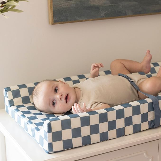 Tiny Twinkle Diaper Changing Pad for Dresser & Nursery Table – Waterproof, Wipeable & Mess-Proof Baby Changing Pad with Safety Strap, Non-Slip Base & Removable Washable Cover(Blue Checkers)