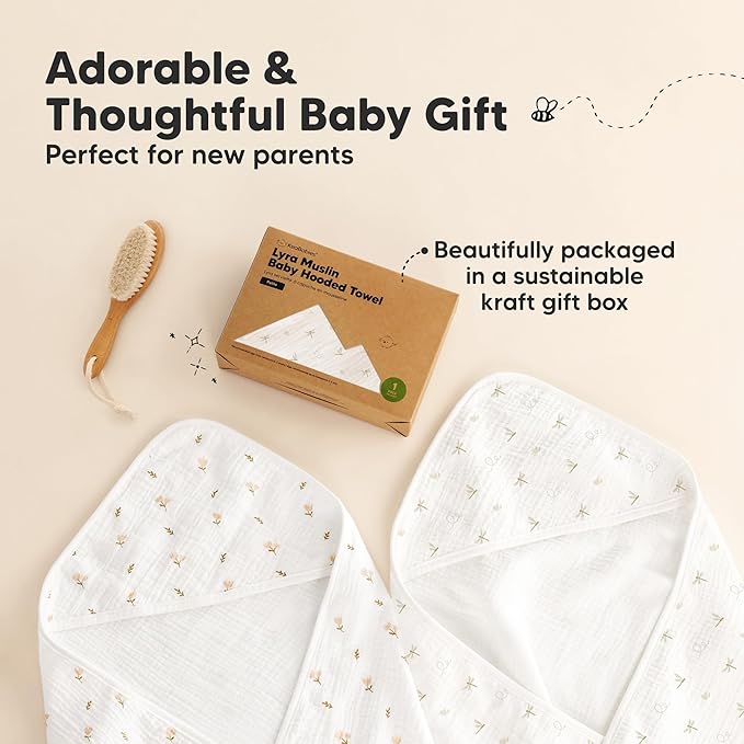 KeaBabies Muslin Baby Bath Towels with Hood for Girls, Boys -Large Organic Cotton Hooded Baby Towels for Newborns,Toddlers,Infant,Kids,Soft Absorbent Newborn Bath Essentials Gift Set(Meadow, Petite)