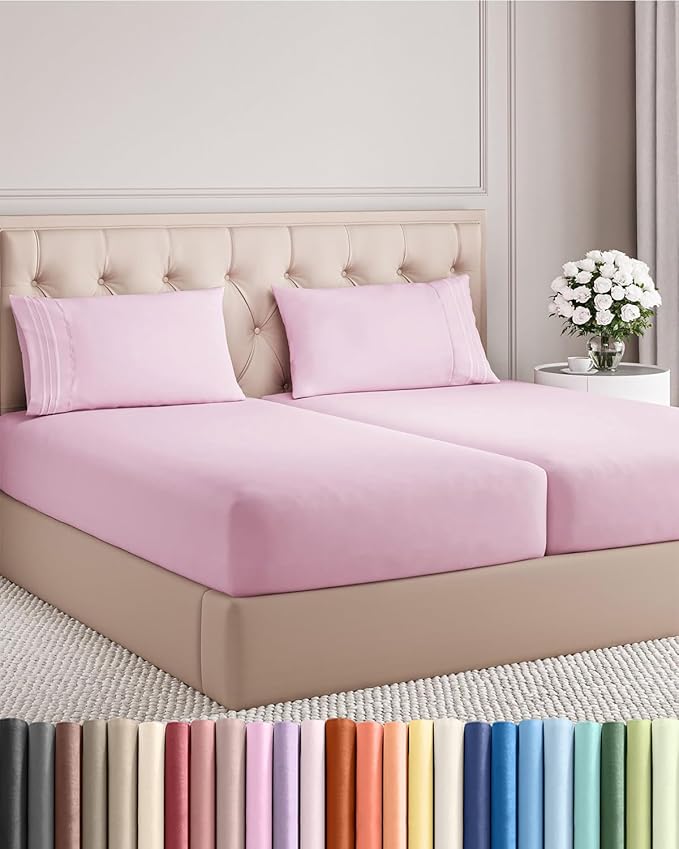 Split King Size 5 Piece Sheet Set - Comfy Breathable & Cooling Bed Sheets Set - Hotel Luxury Bedding for Women, Men, Kids, Teens, Boys & Girls - Deep Pockets and Wrinkle Free - Oeko-Tex - Light Pink