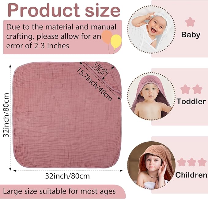 Peryiter 4 Pcs Muslin Hooded Baby Towels 32x32inch Cotton Newborn Bath Essentials Muslin Infant Blankets Absorbent Registry Baby Shower Present for Babies Girl Boy Kids (Light Pink)
