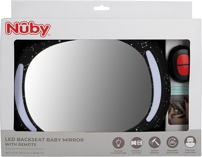 Nuby LED Light Backseat Baby Car Mirror with Remote Controlled Light, Wide View Shatter Resistant Mirror, Adjustable, Night Sky