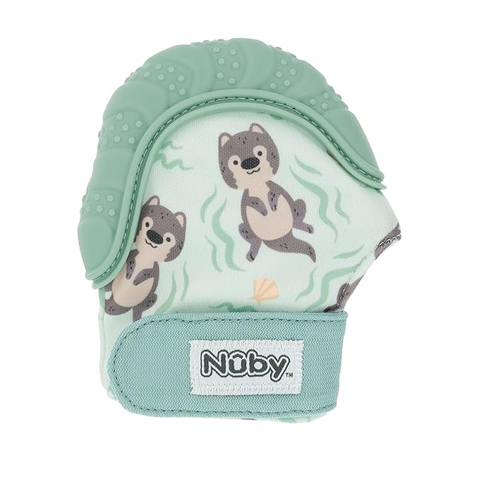 Nuby Happy Hands Silicone Teething Mitten for Babies - Soft Silicone Massaging Teether - Soothes Sore Gums - Easy-to-Wear and Machine Washable - 3+ Months - Otter