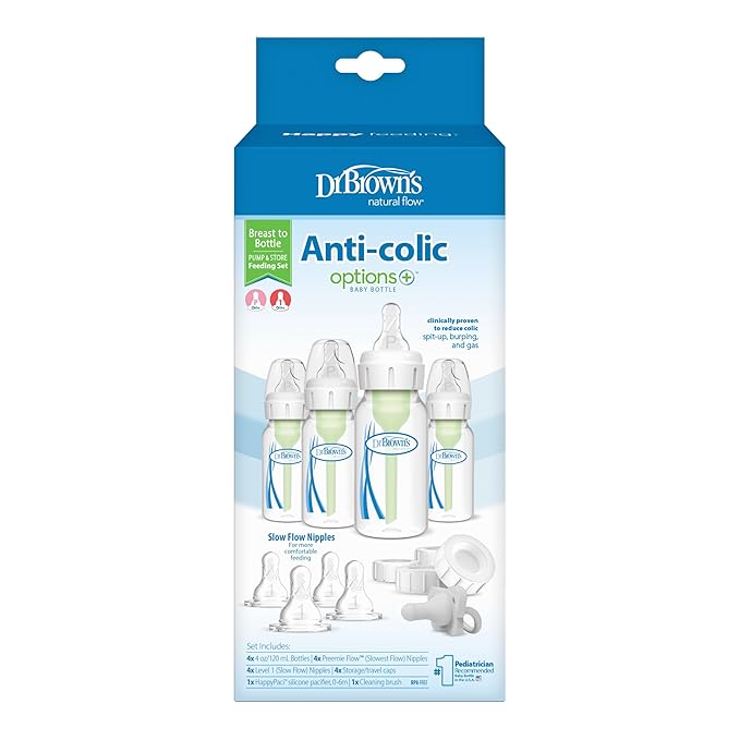 Dr. Brown's Anti-Colic Breast to Bottle Feeding Set with Slow Flow Nipples, Travel Caps, and Silicone Pacifier - Gray (Pack of 12)