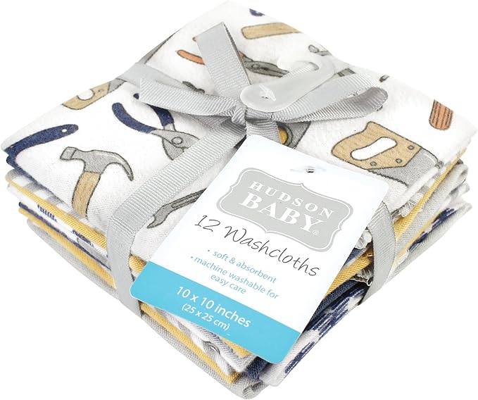 Hudson Baby Unisex Baby Flannel Washcloths, Construction Work 12Pk, One Size
