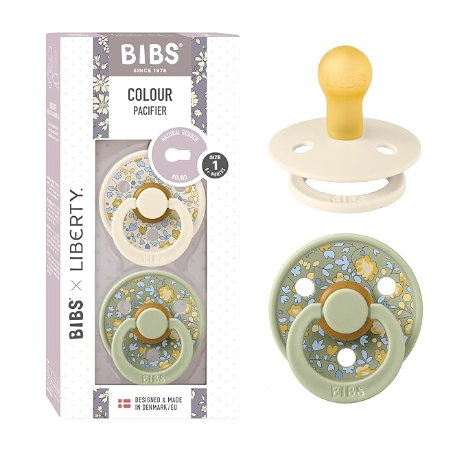 BiBS Liberty Pacifier 2-Pack, BPA Free Pacfiers with Natural Latex Round Nipple, Made in Scandinavia, Size 1 (0-6 Months), Eloise Sage