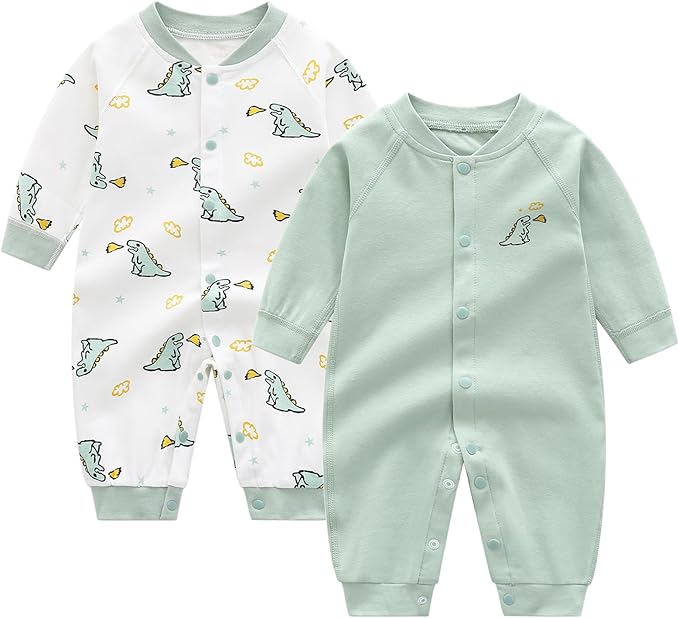 Newborn Baby Boys 2 Pack Cotton Romper Outfits Infant Long Sleeve One-Piece Toddler Button Jumpsuits