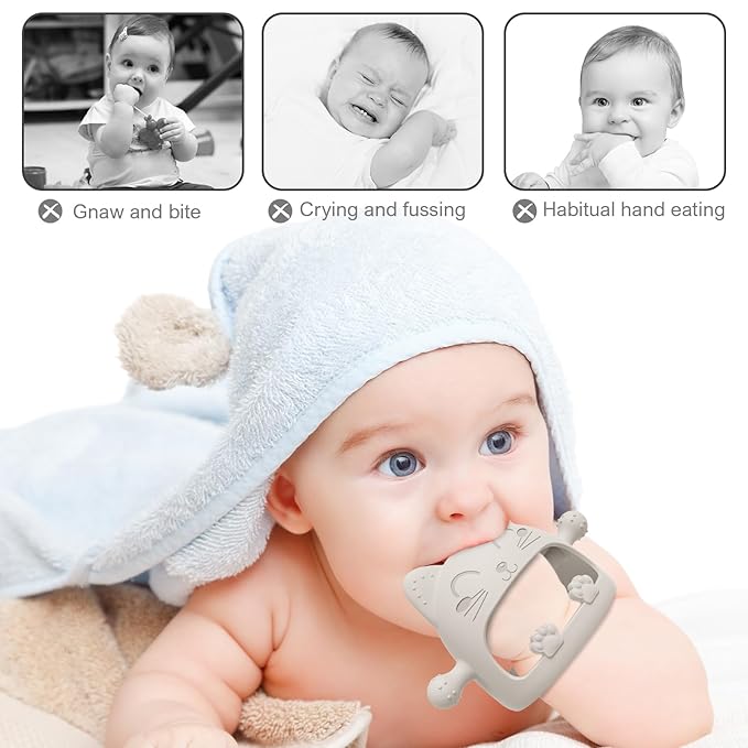 2 Pack Baby Teether Toys,Silicone Teething Toys for Babies 0-6 Months,Never Drop Baby Chew Toys for Teething Relief, Teething Pacifiers,Baby Toys 0-6 Months,Ideal Gifts for Baby Shower（Cartoon Cat）