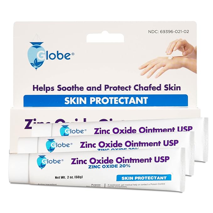 Globe (3 Pack) Zinc Oxide 20% Skin Protectant Barrier Ointment 2 oz Relieves, Treats and Prevents Minor Skin Irritations due to Diaper Rash. Helps Seal Out Wetness. Protects Chafed Skin.