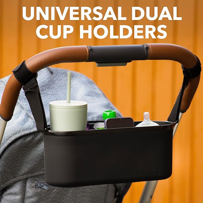Universal Silicone Stroller Organizer by roo go | Waterproof, Durable, Easy-to-Clean Caddy with Secure Cup Holders | 100% BPA-Free, Eco-Friendly, Anti-Slip Straps fit Uppababy, Nuna, Doona & More