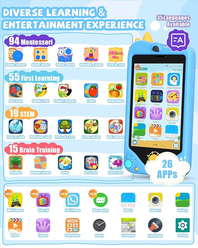 Kids Smart Phone for Girls - Safest Phone for Kid & Teens, Talk & Text - Kids Cell Phone Toy, 4.2'' Touchscreen, Dual Cameras, Games, 32GB Card (Sky Blue)