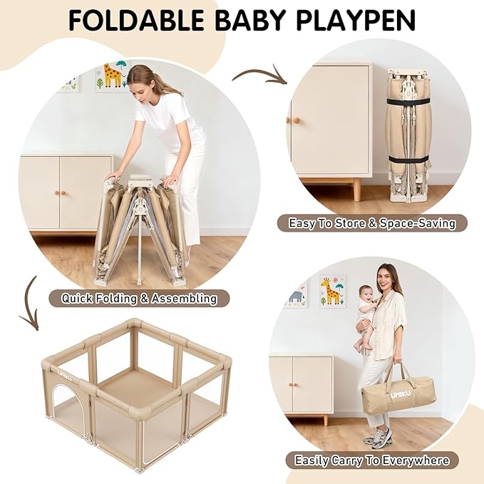Baby Playpen Foldable Playpen for Babies and Toddlers, Large Playpens Portable Play Pen with 2 Doors Play Yard for Kid Fence Indoor Outdoor 4 Handlers 50 Balls Baby Newborn Infant Gifts 50"X50" Khaki