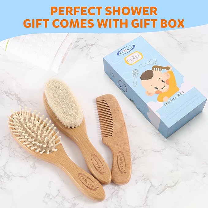 Baby Hair Brush & Comb Set, Organic Wooden Hairbrush Natural Goat Bristles 3-Piece for Newborns & Toddlers, Ideal for Cradle Cap & Itching, Perfect Shower and Registry Gift for Infant, Toddler, Kids