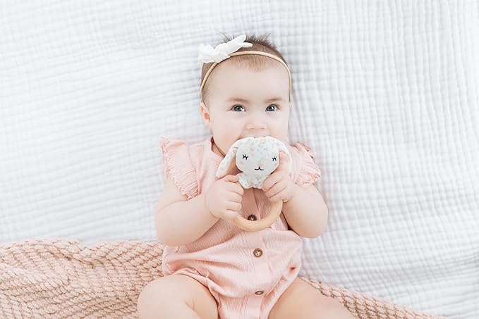 Pearhead Floral Bunny Wooden Baby Teething Ring, Natural Wood & Plush Infant Teether Rattle, BPA-Free Newborn Gum Soother, Easy-Grip Sensory Toy, 0 Months+