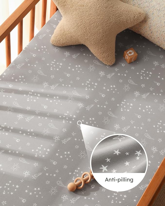 Pack and Play Sheets Fitted 3 Pack, Mini Crib Sheets for Pack N Play Mattress Stretchy Portable Playard Sheets, Soft Breathable Green Gray Constellation