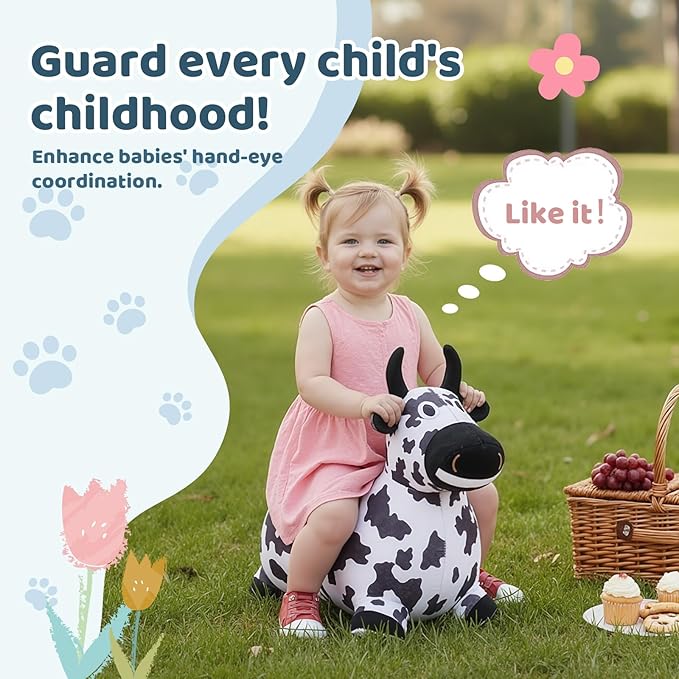 Inflatable Hopper Cow with Pump, Plush-Covered Bouncy Cow Seat for Indoor/Outdoor Use, Farm-Themed Décor and Photo Prop