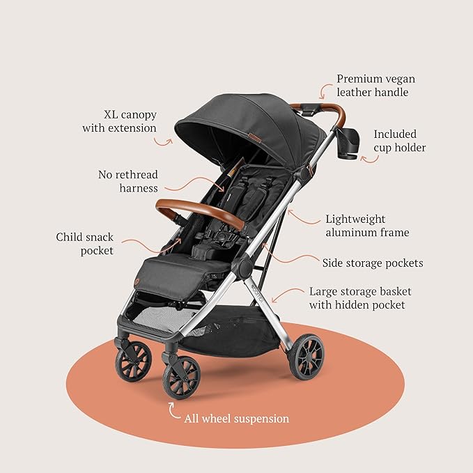 Bombi Bēbee V2 Lightweight Baby Stroller - Premium Vegan Leather, One-Hand Fold, Infinite Recline, Aircraft-Grade Aluminum Frame, XXL Canopy, and Ample Storage Umbrella Stroller - Midnight Black