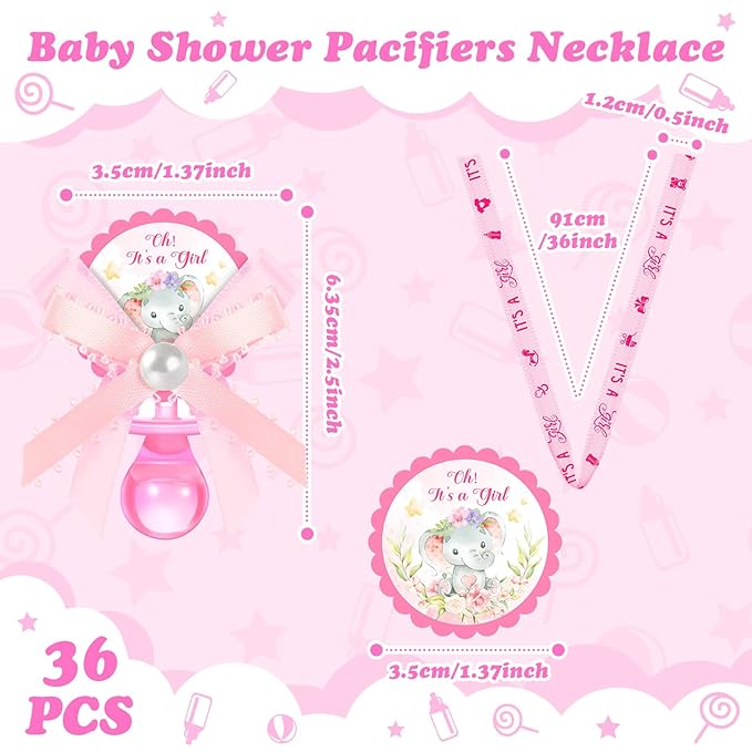 Remuuly 36 Pcs Baby Shower Pacifiers Necklace Bulk Acrylic Pacifiers Charm for Gender Reveal Party Favors Table Scatter Decorations(Girl,Pink)