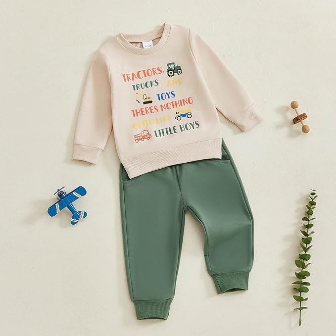 FOCUSNORM Toddler Baby Boy Fall Winter Outfit Excavator Embroidered Long Sleeve Sweatshirt Elastic Jogger Pant 2 Pcs Clothes