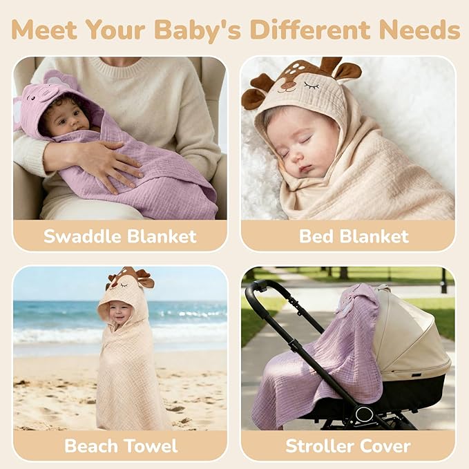 CandyHome 4 Pack Muslin Baby Towels for Newborn Set, 100% Cotton 2 Hooded Baby Bath Towels 32x32" with 2 Washcloths 10x10", Super Soft Absorbent Infant Toddler Bath Essentials Gifts, Elephant & Deer