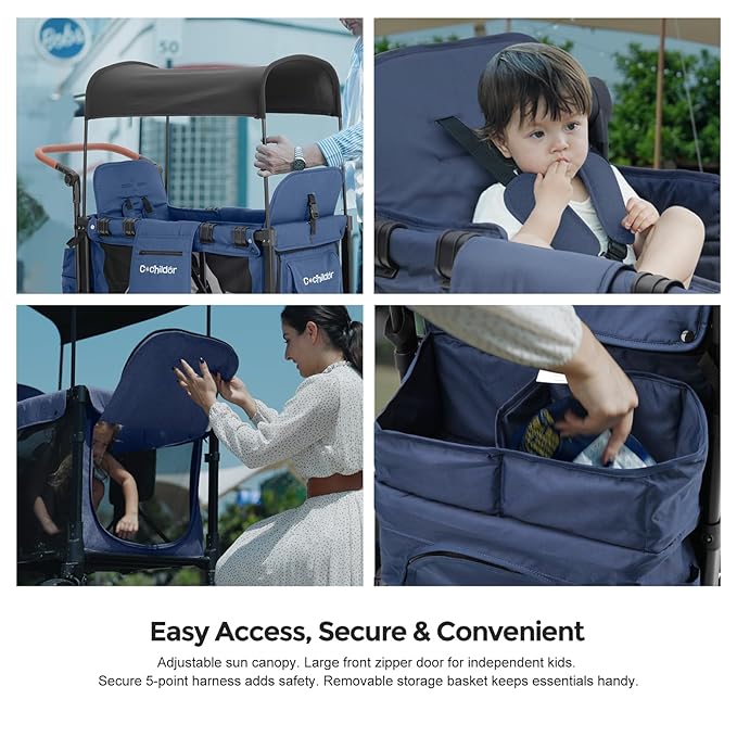Elite 2 Seater Wagon Stroller for Kids, Foldable Stroller Wagon with Removable Seats & Canopy, 5-Point Safety Harness, Adjustable Handle, Blue