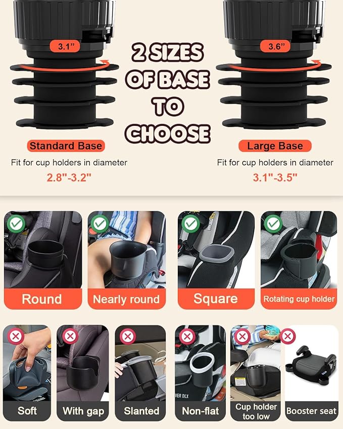 SEVEN SPARTA Car Seat Tray for Kids Toddler Travel with Soft Rubber Base, Rotatable and Removable Cup Holder Snack Tray for Food Color and Play for Family Road Trip Essentials (1, Standard Base)