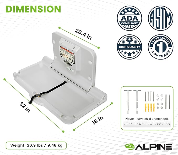 Alpine Wall Mounted Baby Changing Station - Pallet of 20 Units Horizontal Baby Changing Table Foldable Diaper Tables with Safety Strap & Installation Hardware for Commercial Bathroom, ADA Complaint