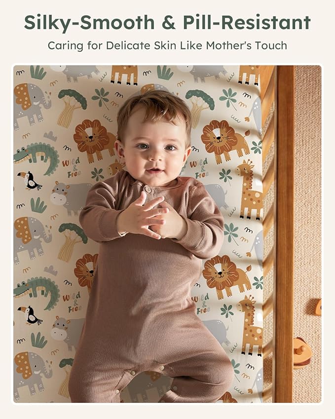 Pack and Play Sheets Fitted 3 Pack, Mini Crib Sheets for Pack N Play Mattress Stretchy Portable Playard Sheets, Soft Breathable Green & Apricot Lion