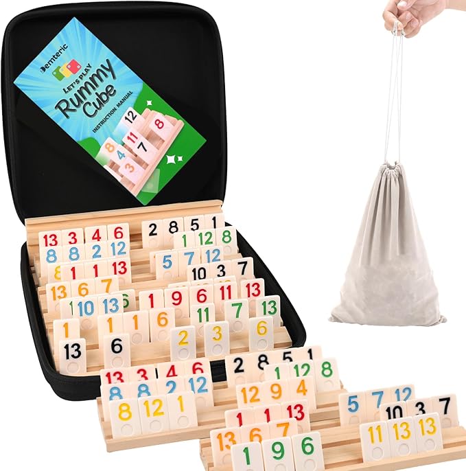 Upgraded Rummy Cube Game 6-8 Players with Portable Travel Case, 240 Melamine Rummy Tiles & 8 Wooden Holders, Classic Family Strategy Board Game for Adults Kids