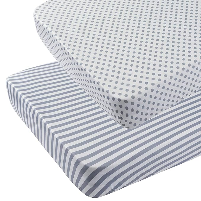 Onacosht Pack n Play Sheets 2 Pack Stretchy Jersey Knit Playard Fitted Sheets Portable Mini Crib Sheets Set, Convertible Playard Mattress Cover, White and Grey, Stripes and Dots