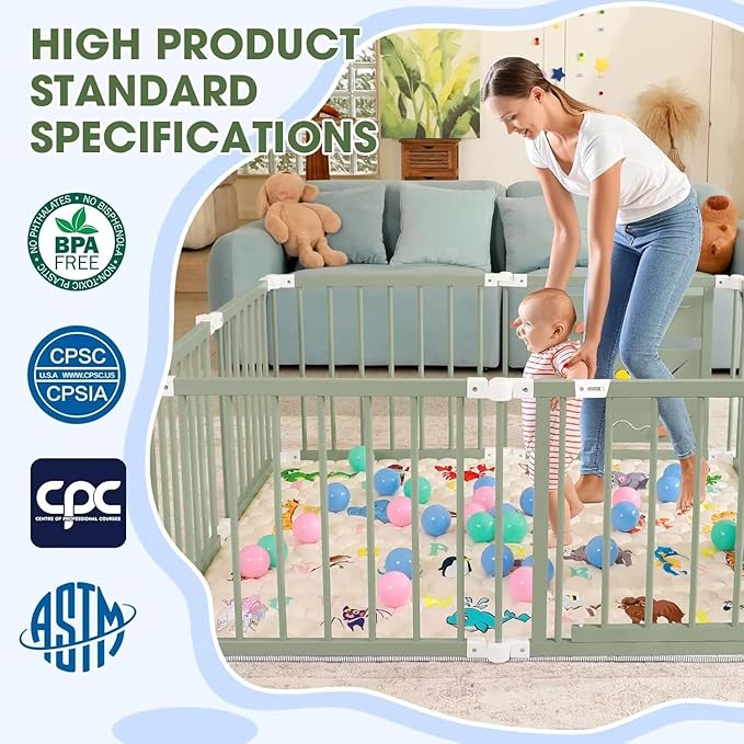 Foldable Wooden Baby Playpen with Soft Play Mat, Adjustable Playpen for Babies and Toddlers with 36 Colorful Balls, Portable Baby Fence Play Area Activity Center with Gate for Toddlers(56x56x23inches)