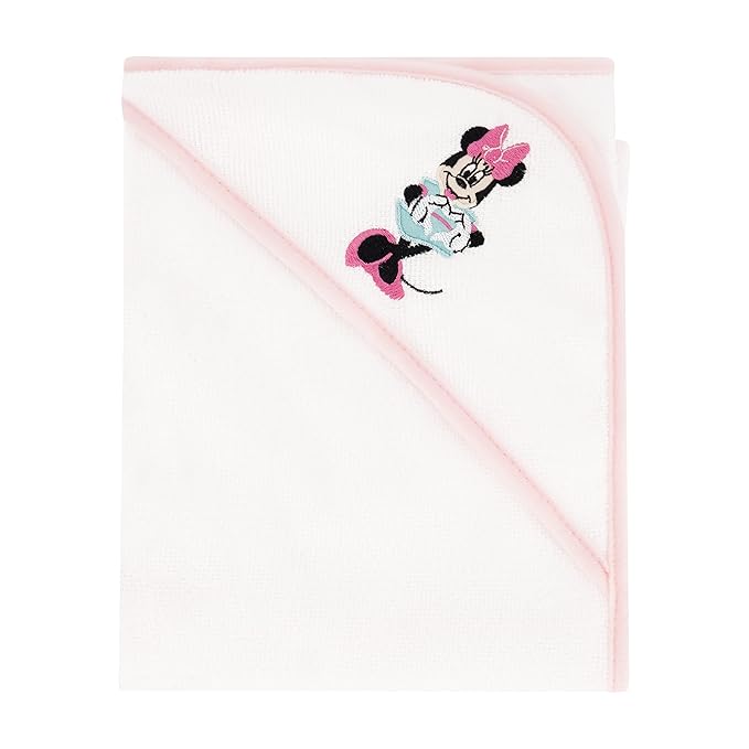 Disney Cudlie Baby Girl Minnie Mouse 2 Pack Rolled/Carded Hooded Towels in Tiny Stripe Print