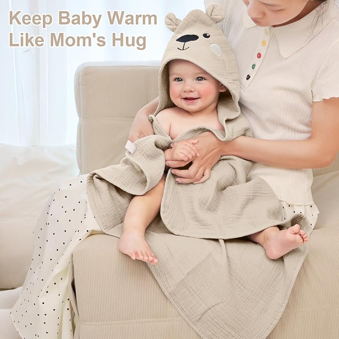 FIOBEE Hooded Baby Towels 100% Muslin Baby Bath Towels for Newborn with Animal Design Ultra-Soft and Absorbent Bath Essentials for Toddler, Unisex Girls Boys 30 x 30 inch, Light Coffee Bear