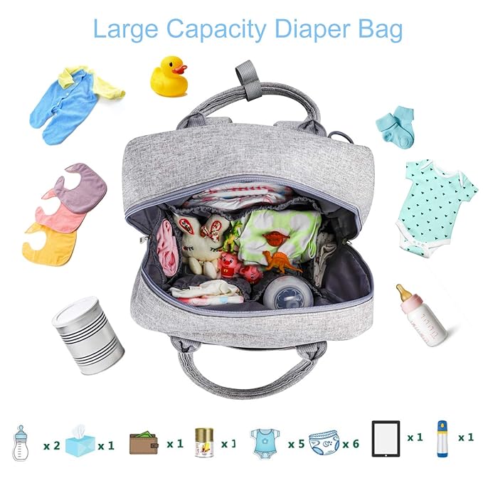 Land Diaper Bag Backpack Large Capacity Waterproof Baby Travel Bag for Dad Mom Light Grey