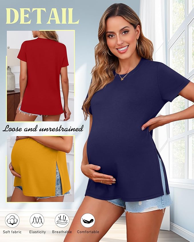 Ficerd 3 Pack Women's Maternity T Shirts, Short Sleeve Side Split Pregnancy Tops Casual Crew Neck Pregnant Tees Mama Clothes