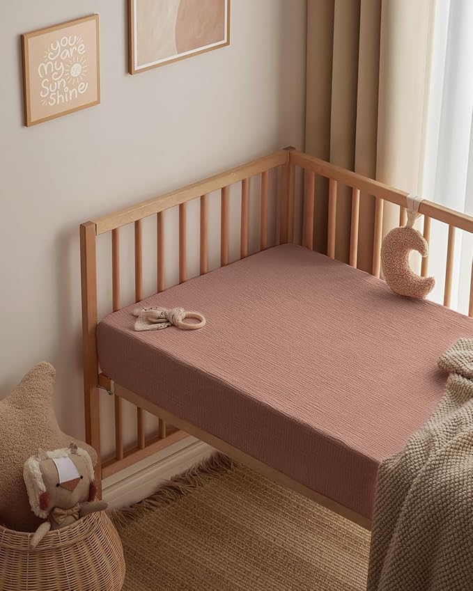 Blissful Diary Muslin Mini Crib Sheets, Pack and Play Mattress Sheets Fitted for Pack N Play, Soft Cotton for Boys Girls, 2 Pack(Dusty Pink Checkboard & Dusty Pink)