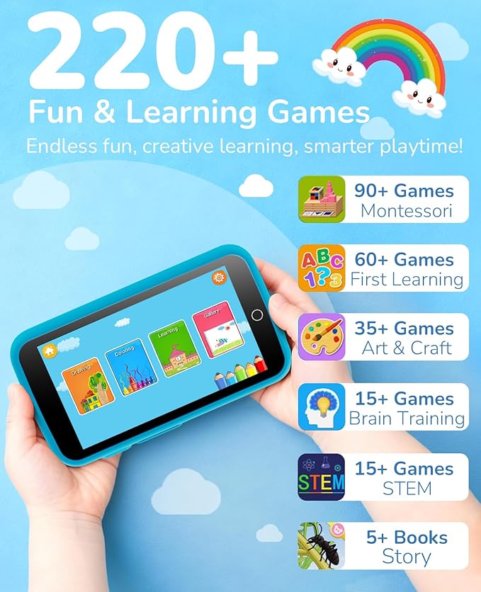 Kids Phone, Kids Smart Phone with 220+ Educational Games, 3.97" Touchscreen Learning Smart Phone Toy, 5MP Rear Camera, No SIM/Wi-Fi, Parental Controls, Rechargeable for Boys Ages 3–12
